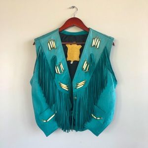 Vintage turquoise calf leather vest w/ fringe bead